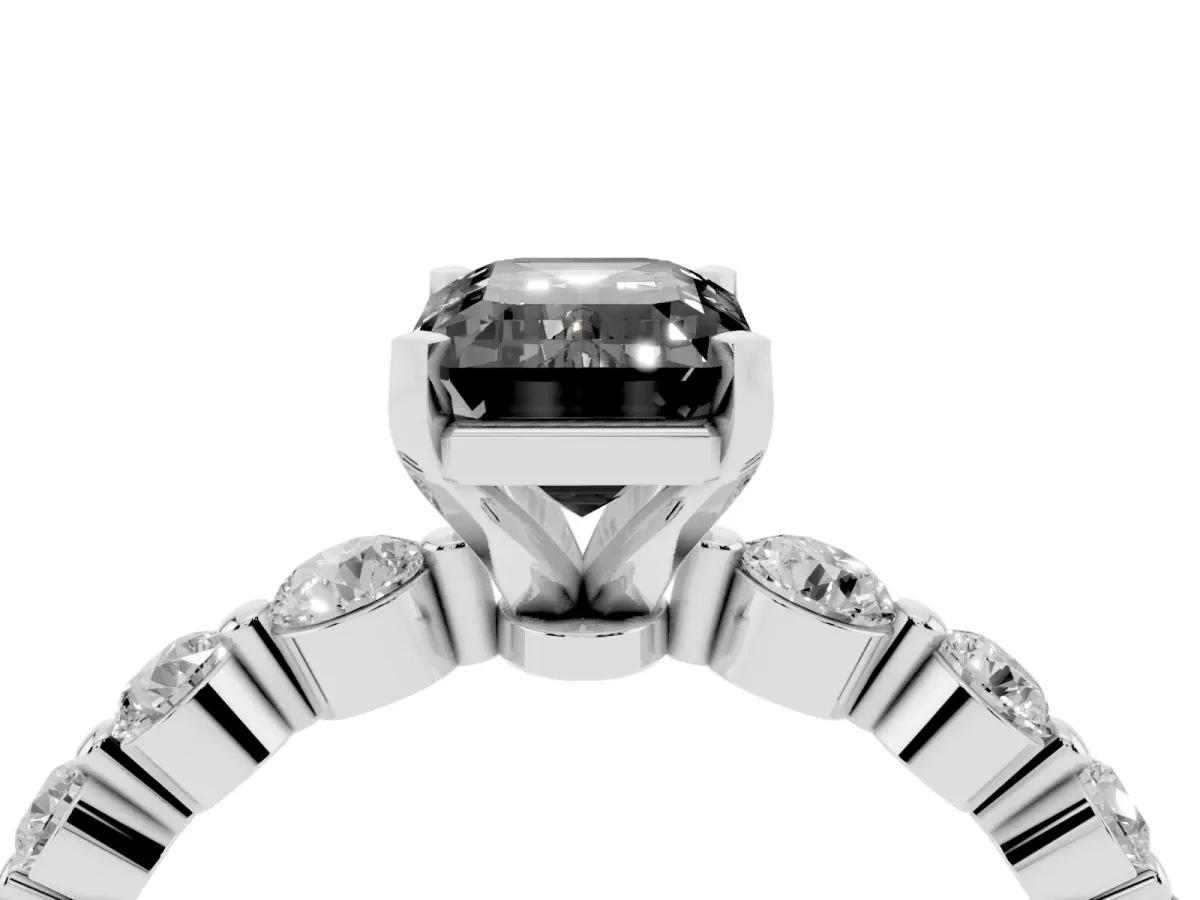 Fancy Black Emerald Cut Solitaire Diamond Ring with Pave Band and Four-Prong Setting Silver