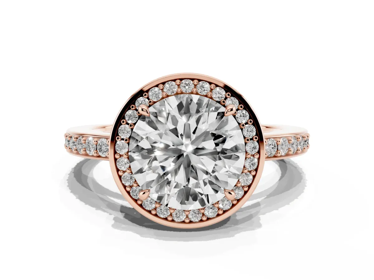 Round Cut Halo Pave Band Solitaire Ring with Prong Setting Rose gold