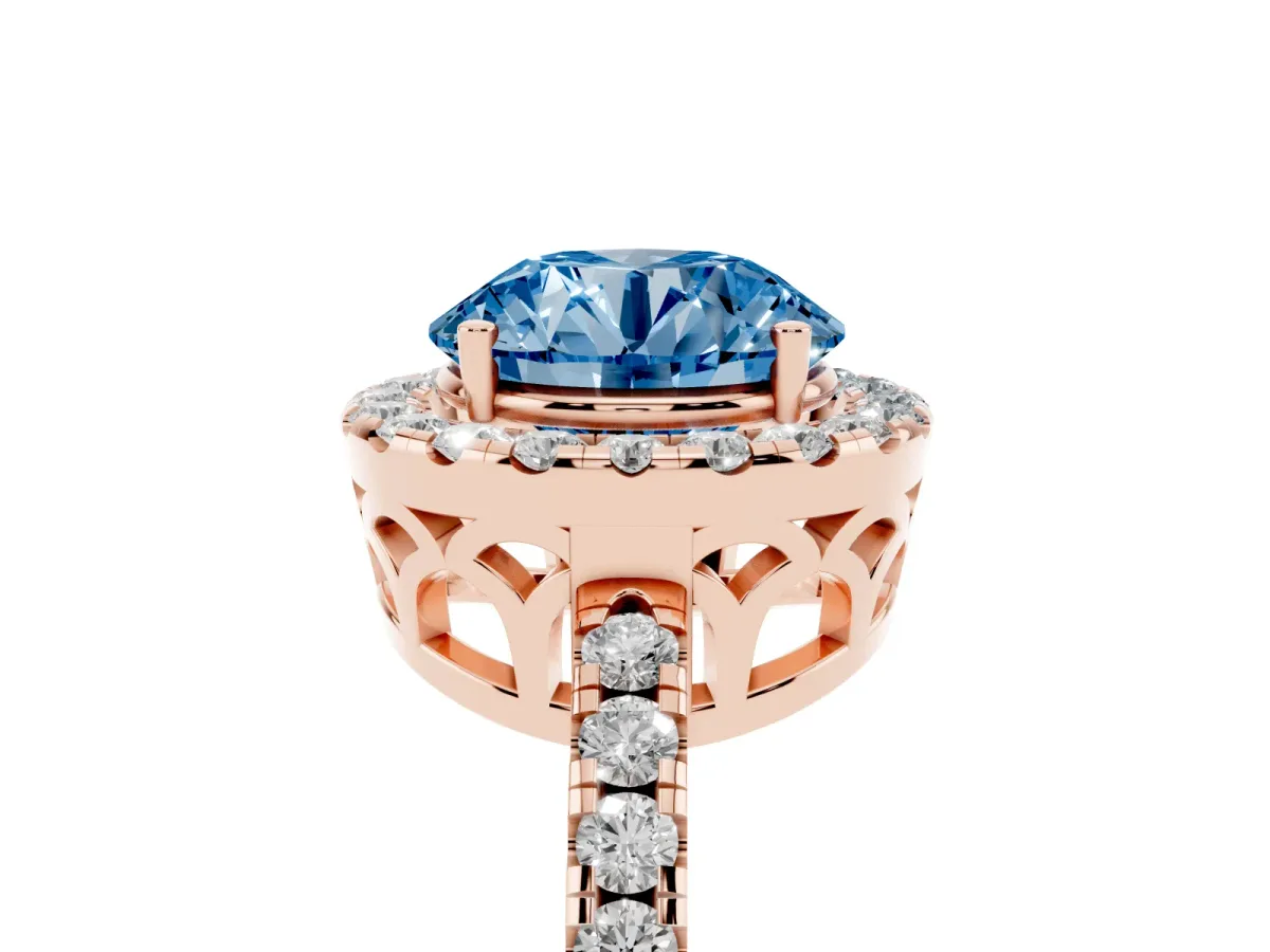 Fancy Blue Round Cut Halo Diamond Engagement Ring with Pavé Band and Four-Prong Setting Rose gold