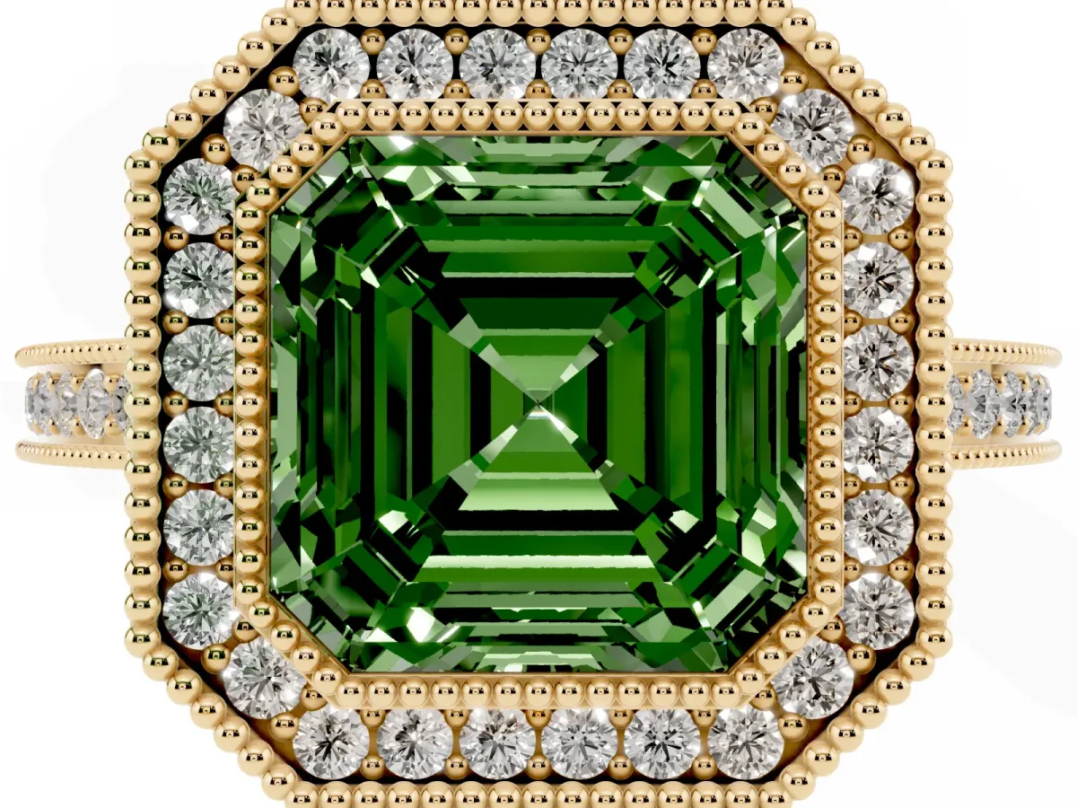Fancy Green Asscher Cut Cut Halo Diamond Ring with Pavé Band and Milgrain Prong Setting Yellow gold
