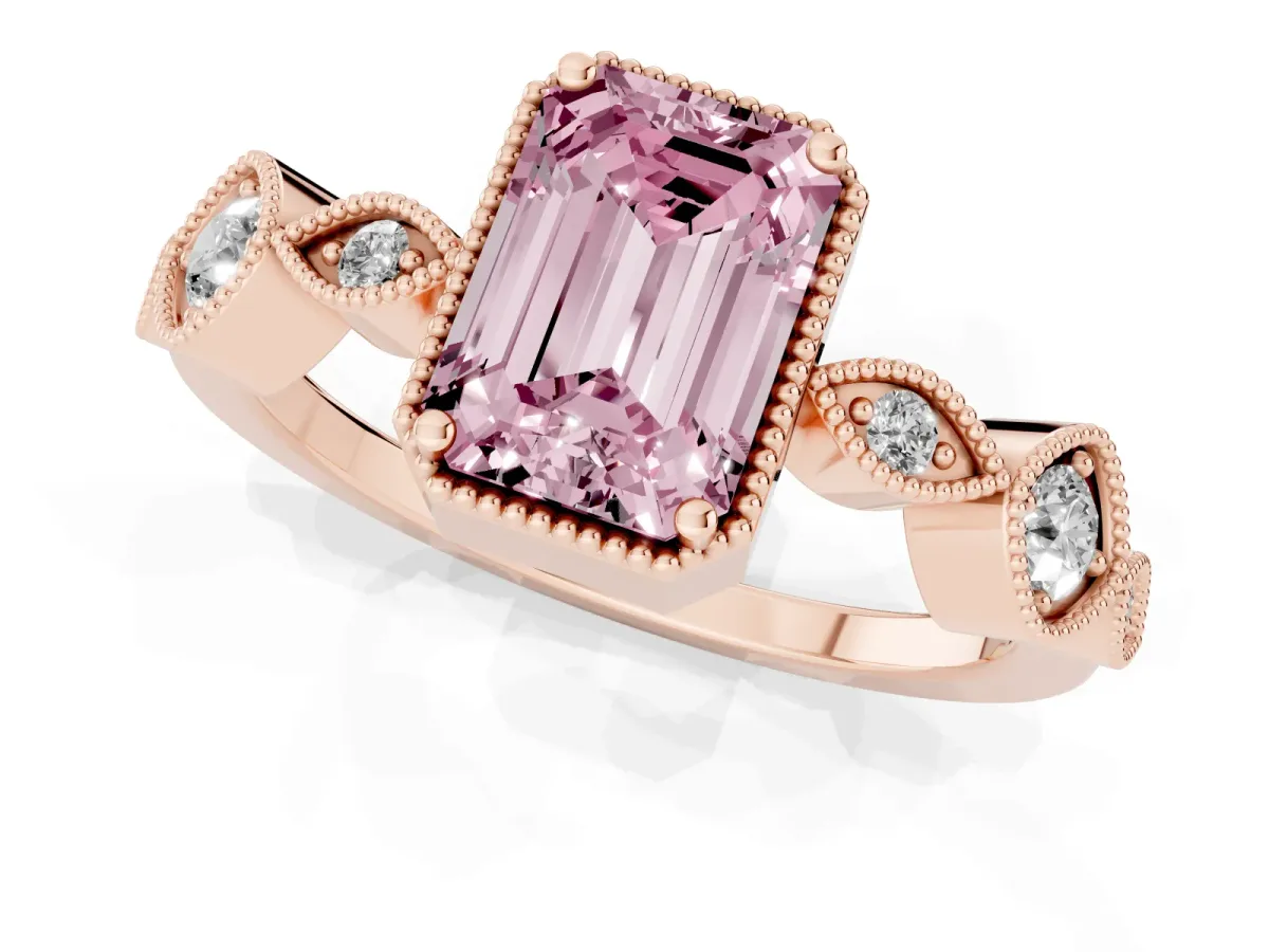 Fancy Pink Emerald Cut Diamond Vintage Milgrain Ring with Round Stations Rose gold