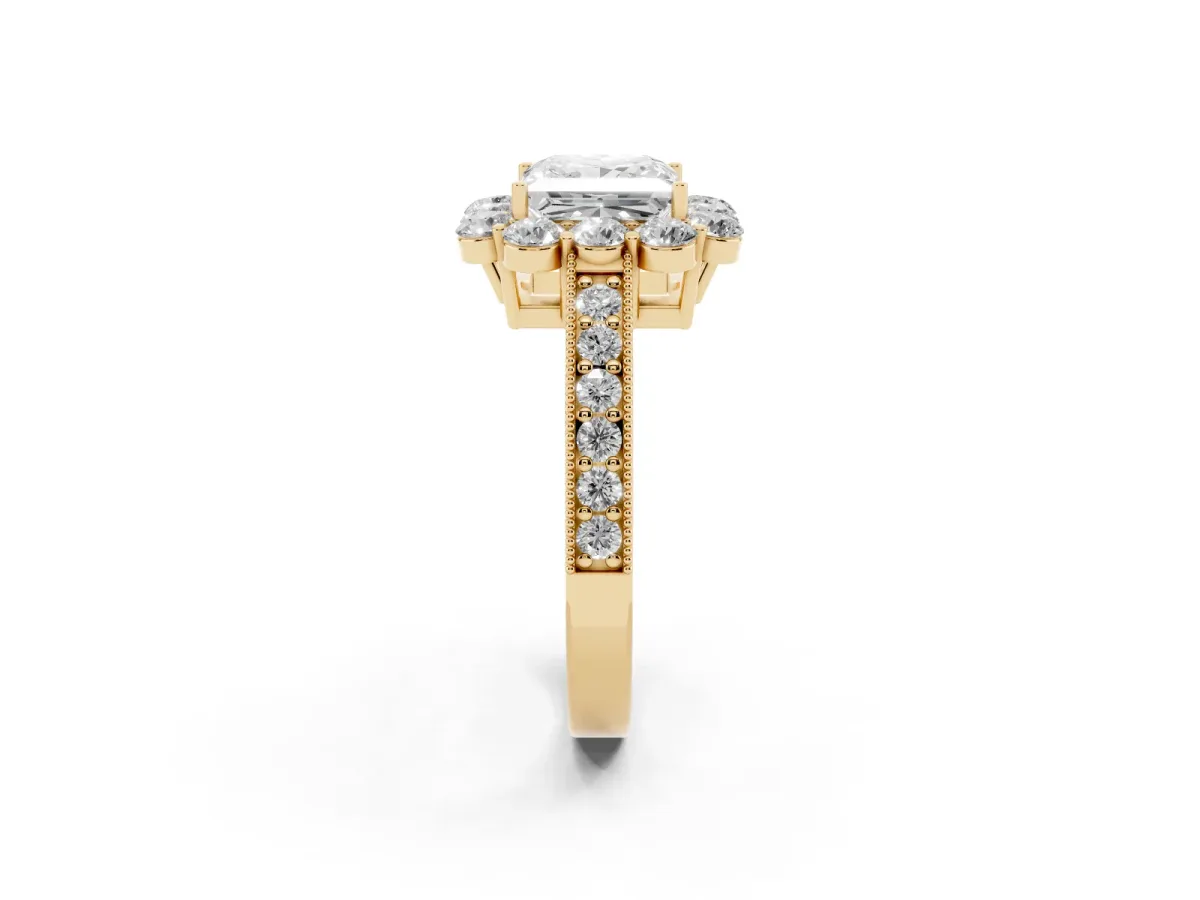 Princess Cut Cut Halo Diamond Pavé Engagement Ring with Milgrain Detailing Yellow gold