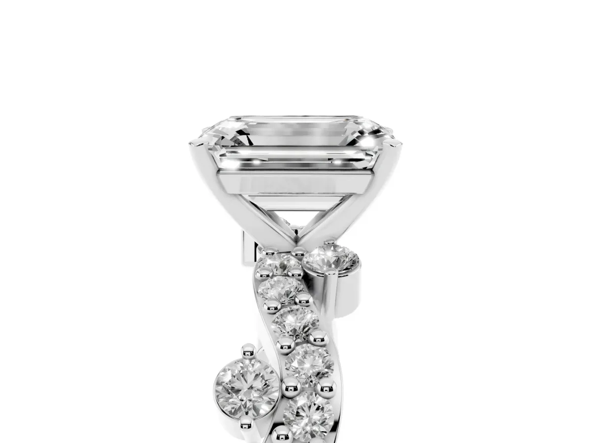 Emerald Cut Cut Solitaire Diamond Twisted Band with Pave Setting White gold