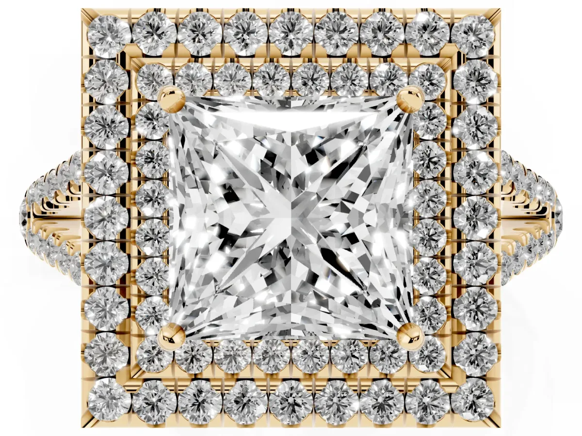 Princess Cut Diamond Double Halo Ring with Pavé Band and Prong Setting Yellow gold