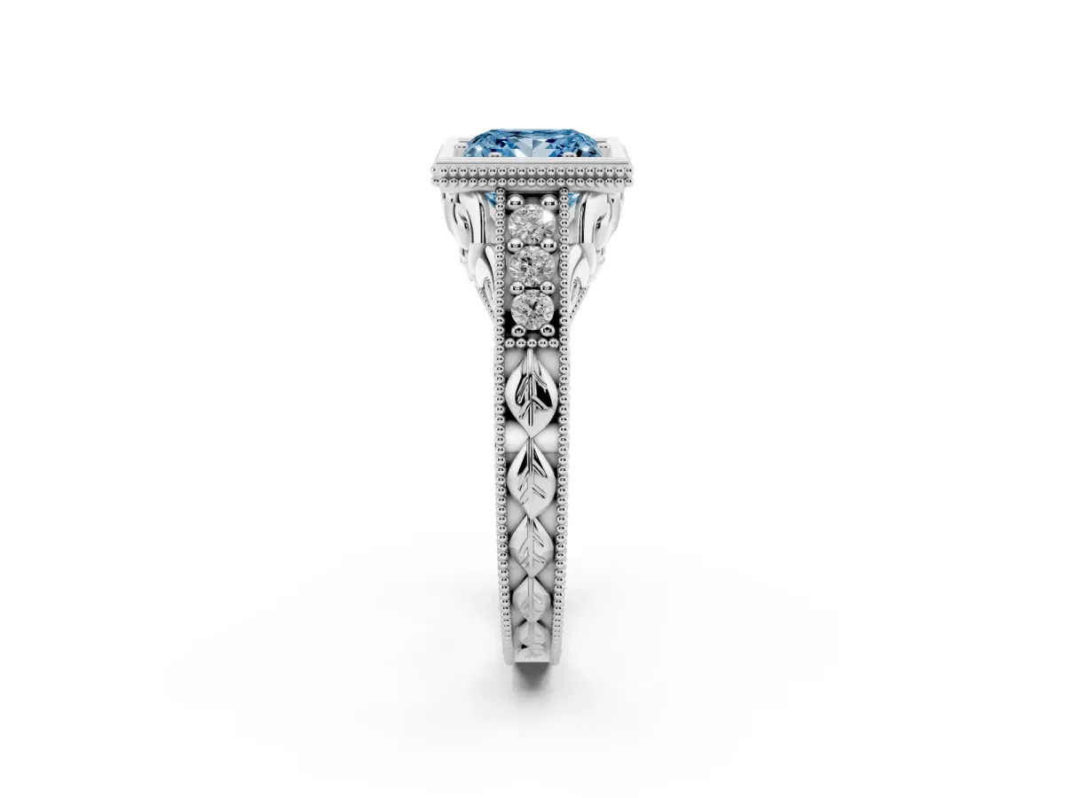 Fancy Blue Bezel Set Princess Cut Diamond Milgrain Pave Engagement Ring Silver