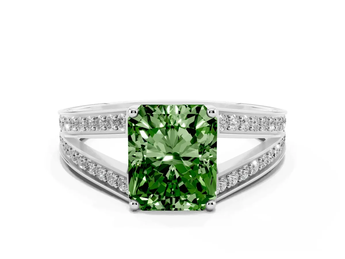 Fancy Green Radiant Cut Diamond Split Shank Ring with Pavé Band and Four-Prong Setting Platinum