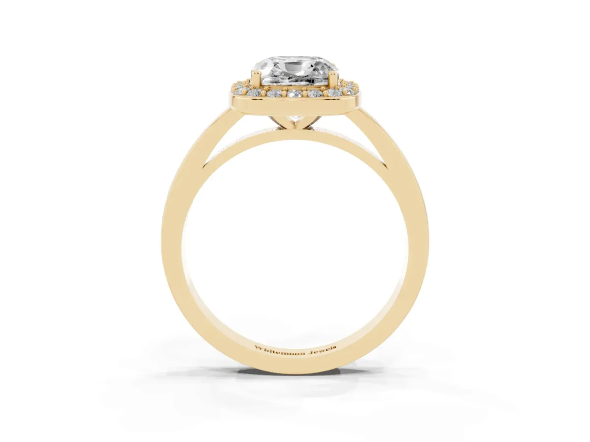Cushion Cut Halo Diamond Ring with Solitaire Band and Prong Setting Yellow gold