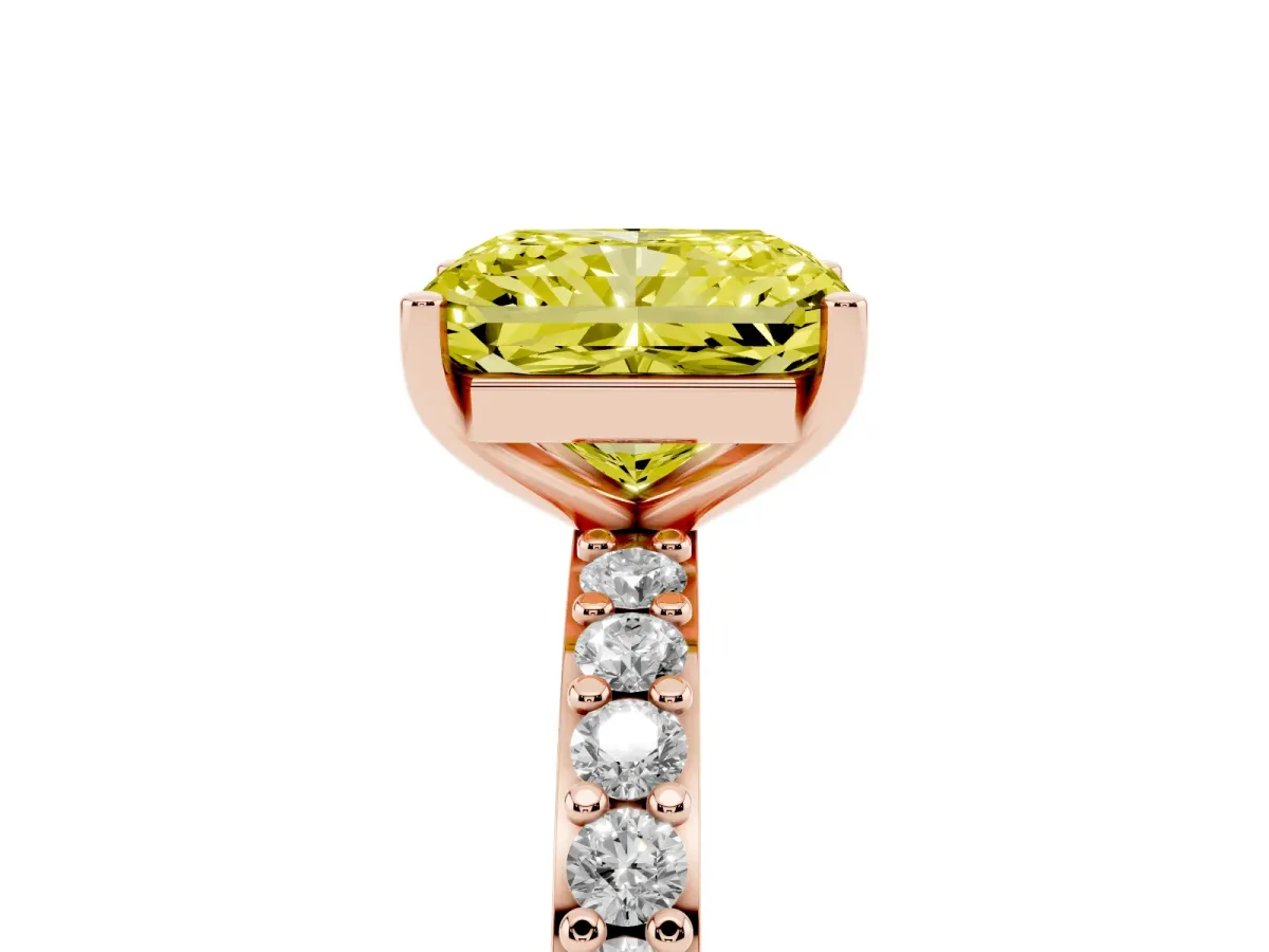 Fancy Yellow Radiant Cut Cut Diamond Solitaire with Pave Band and Four-Prong Setting Rose gold