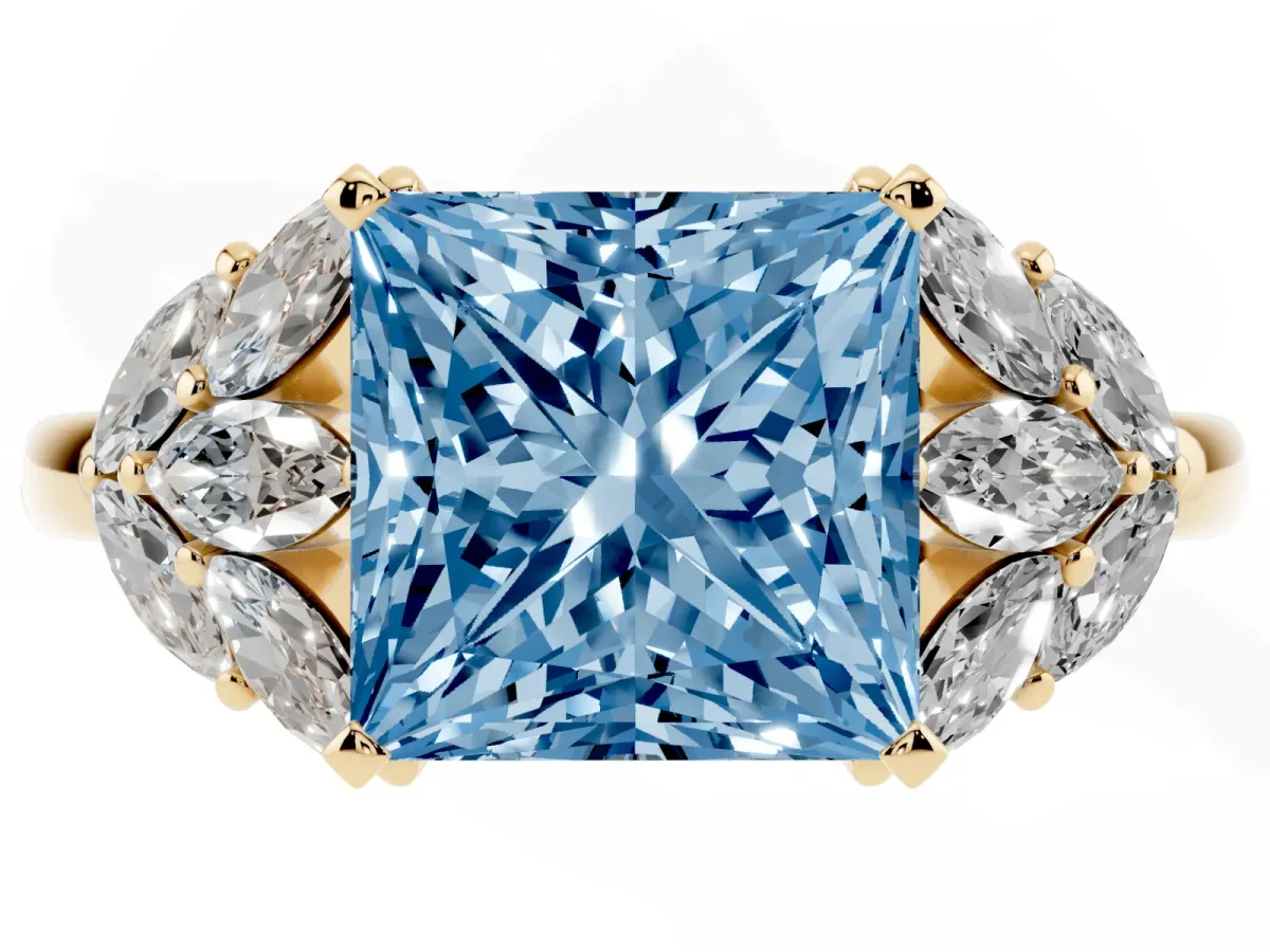 Fancy Blue Princess Cut Diamond Cluster Leaf Design Ring with Prong Setting Yellow gold