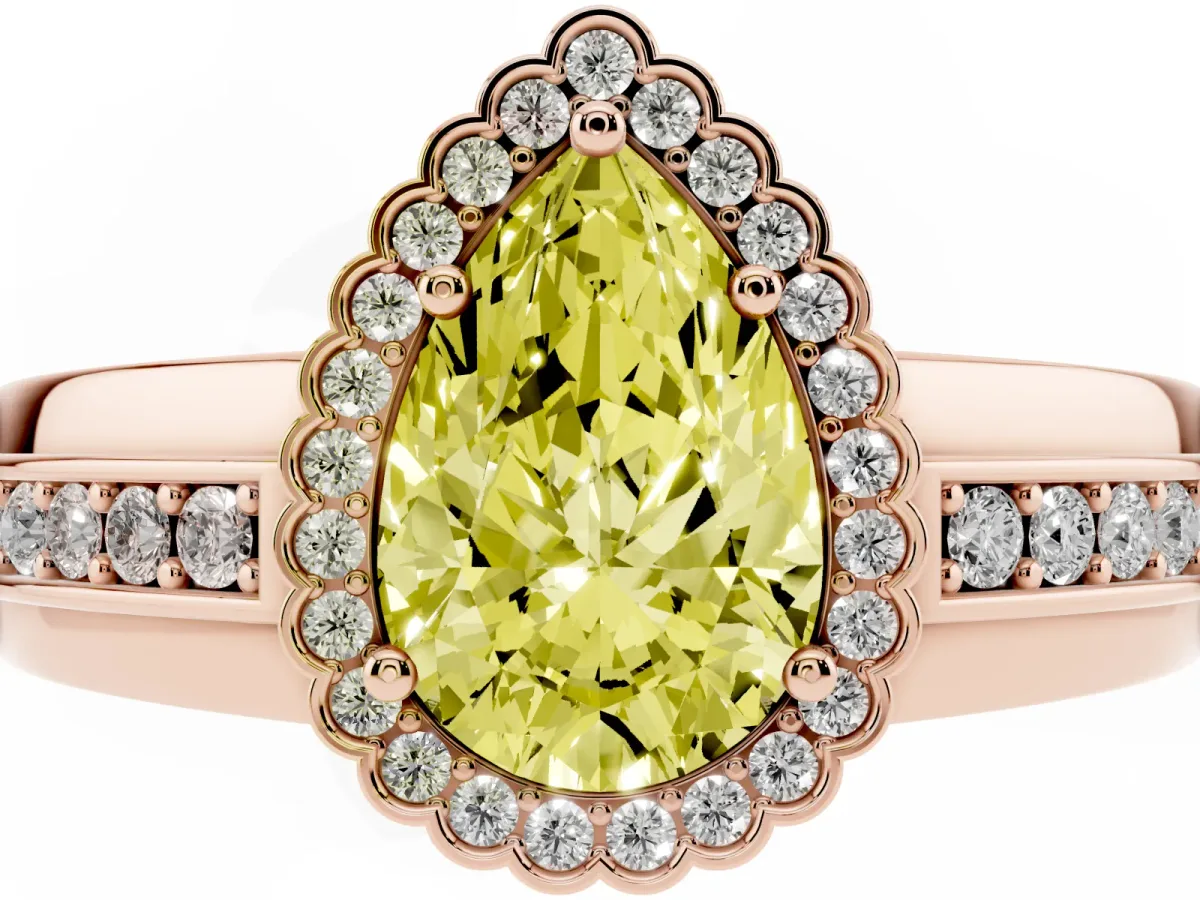 Fancy Yellow Pear Cut Cut Halo Pave Band Four-Prong Ring Rose gold