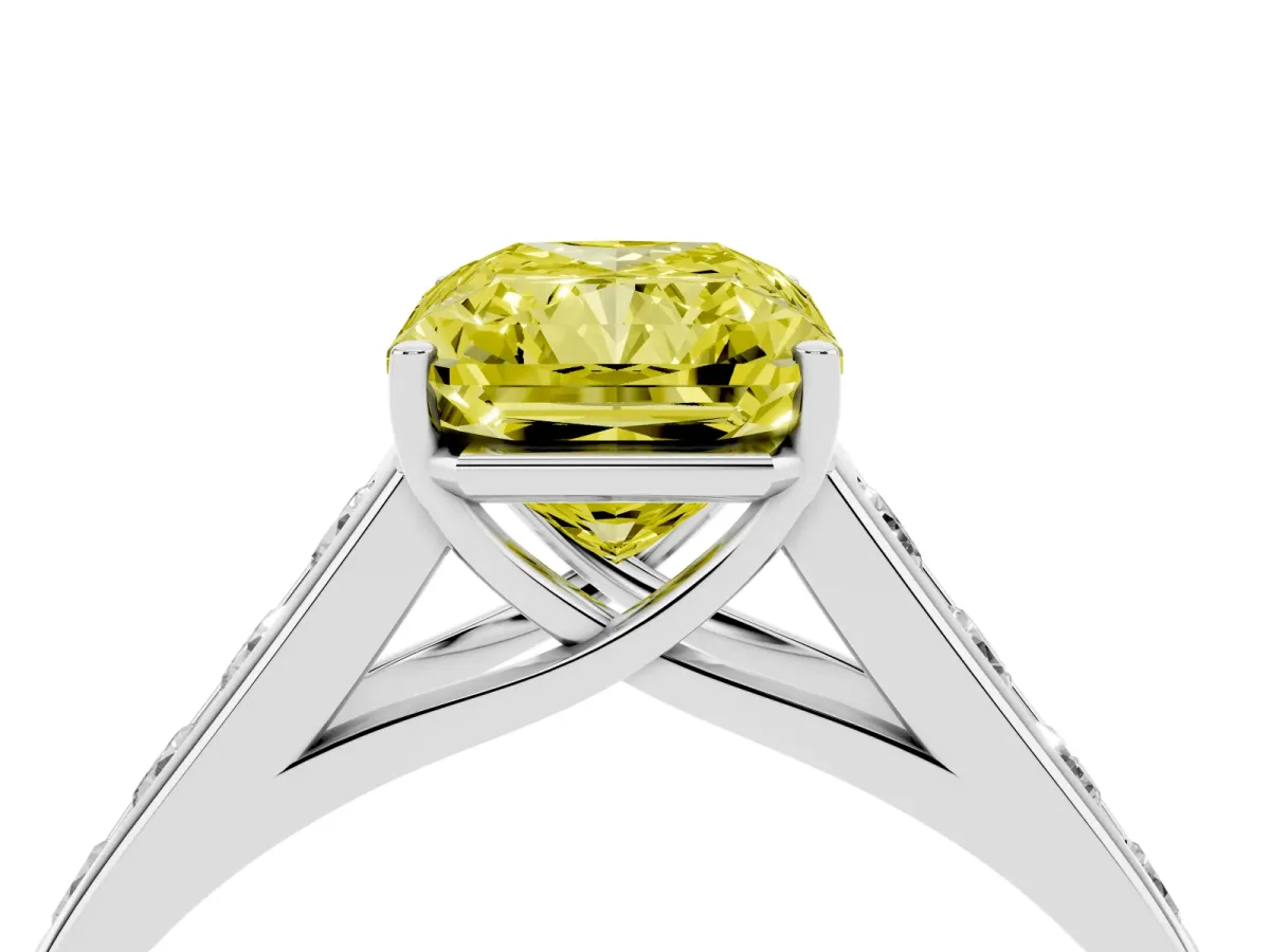 Fancy Yellow Radiant Cut Brilliant Channel-Set Solitaire Ring with Four-Prong Setting Platinum