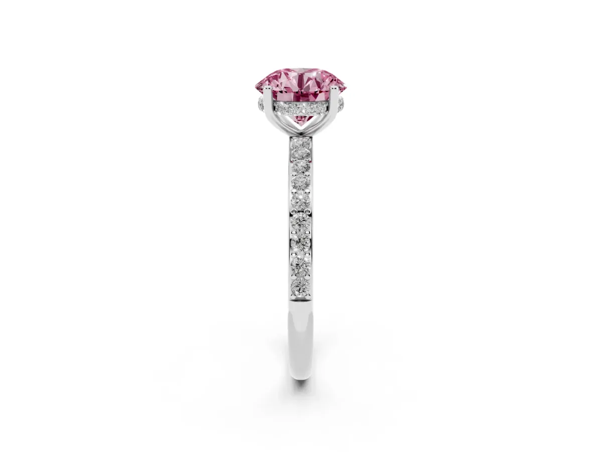 Fancy Pink Round Cut Cut Diamond Pavé Band Ring with Four-Prong Setting Silver