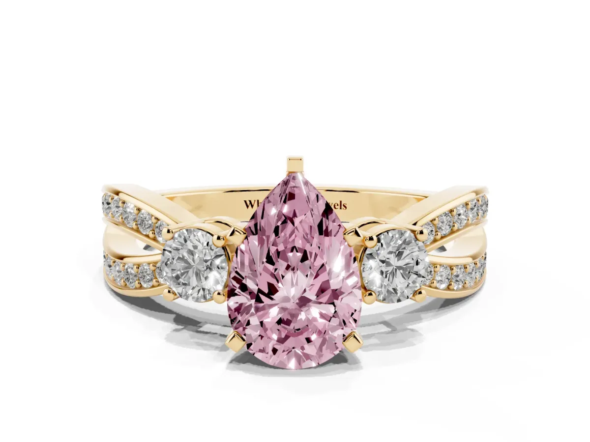 Fancy Pink Three-Stone Pear Cut Cut Diamond Twist Band with Prong Setting Yellow gold