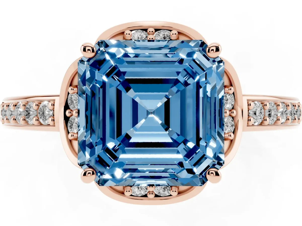 Fancy Blue Asscher Cut Cut Halo Diamond Ring with Channel Set Band and Four-Prong Setting Rose gold