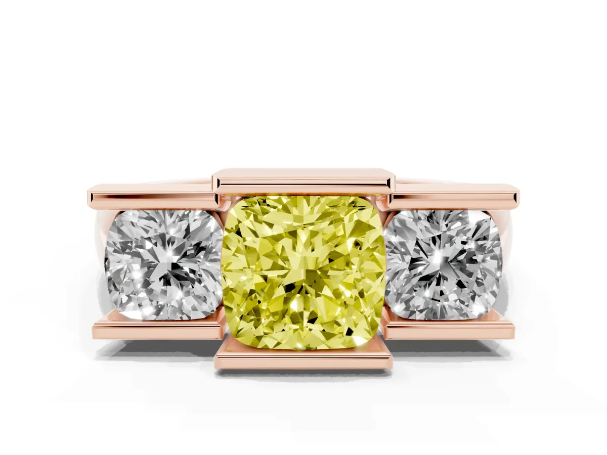 Fancy Yellow Three Stone Cushion Cut Cut Channel Set Diamond Ring Rose gold