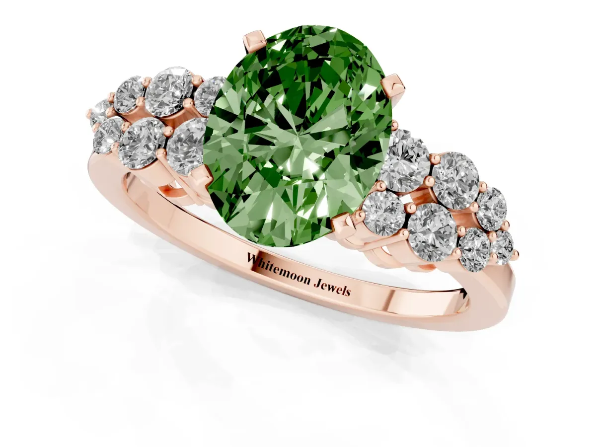 Fancy Green Oval Cut Cluster Diamond Engagement Ring with Pavé Band and Four-Prong Setting Rose gold