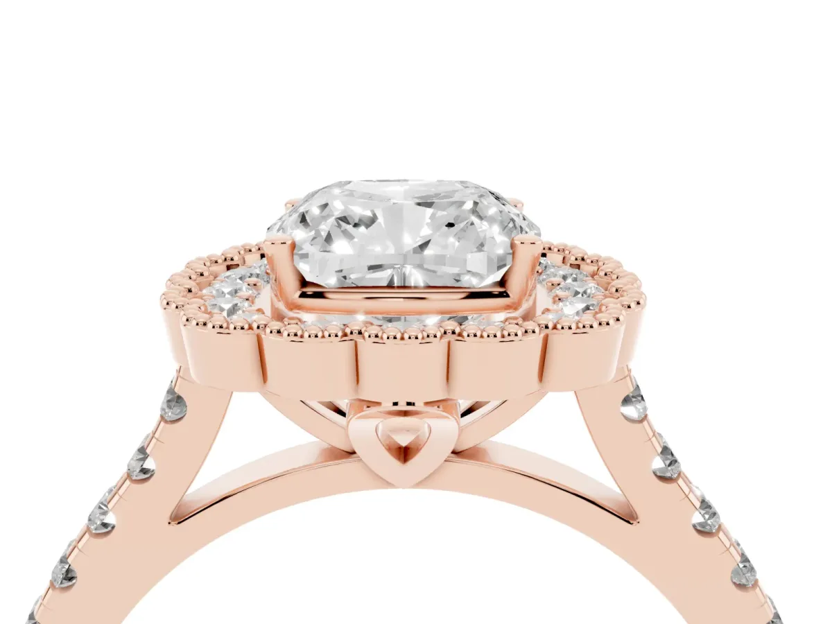 Cushion Cut Cut Diamond Milgrain Floral Halo Engagement Ring with Pavé Band Rose gold
