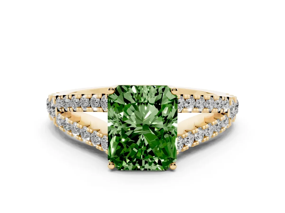 Fancy Green Radiant Cut Diamond Split Shank Engagement Ring with Round Pavé and Prong Setting Yellow gold