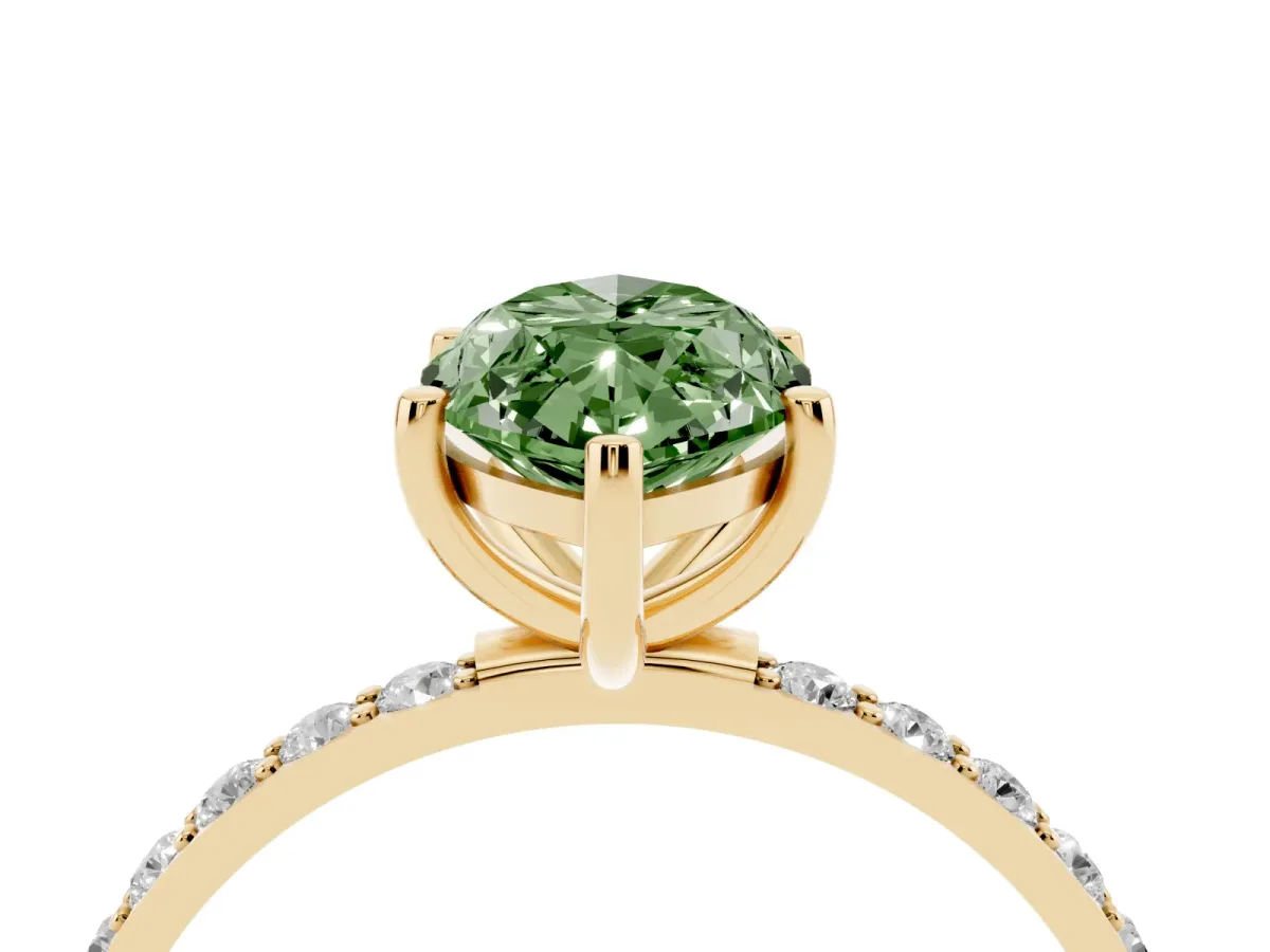 Fancy Green Marquise Cut Diamond Solitaire Ring with Round Pavé Shoulders and Prong Setting Yellow gold