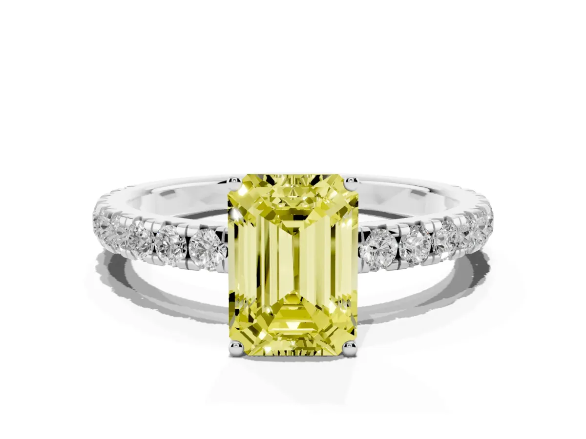 Fancy Yellow Emerald Cut Diamond Pavé Solitaire Engagement Ring with Four-Prong Setting Silver