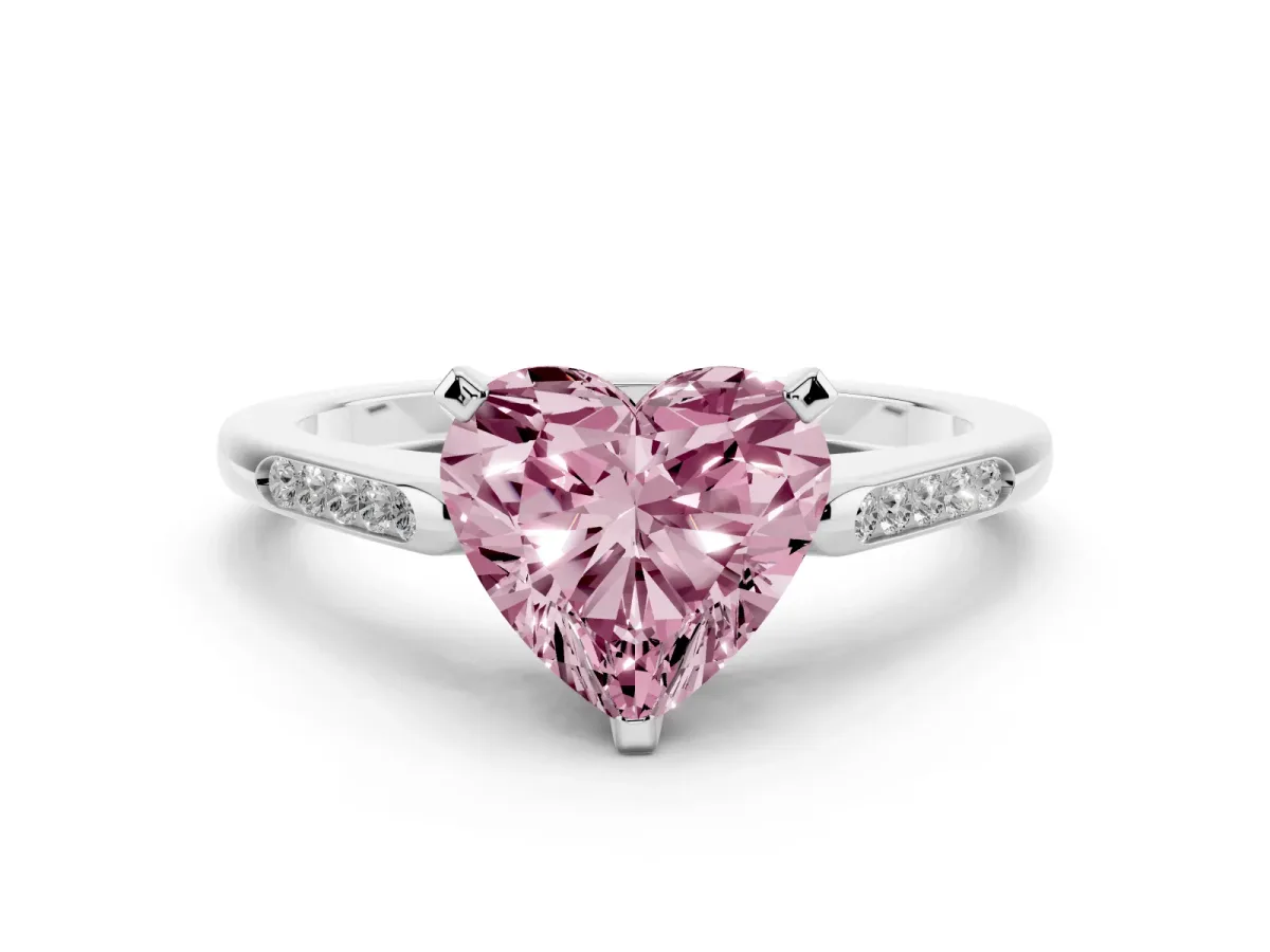 Fancy Pink Heart Cut Diamond Solitaire Ring with Channel Set Round Band and Prong Setting Silver