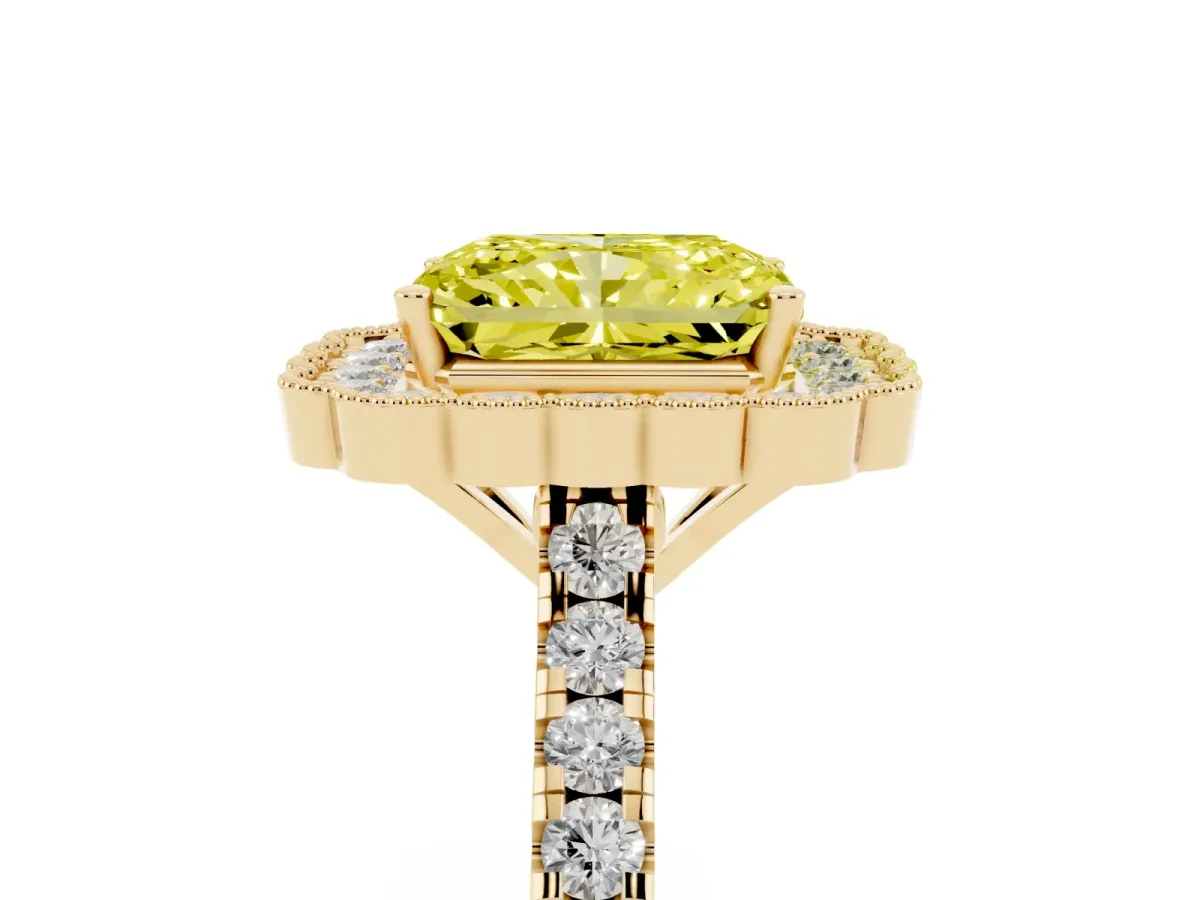 Fancy Yellow Radiant Cut Cut Diamond Milgrain Floral Halo Engagement Ring with Pavé Band Yellow gold