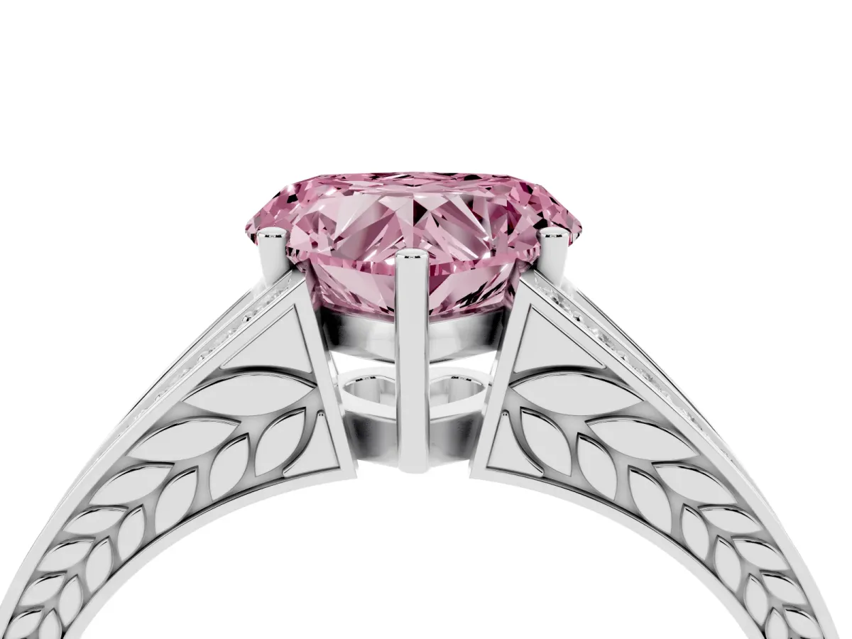 Fancy Pink Heart Cut Diamond Split Shank Ring with Pavé Band and Four-Prong Setting Silver