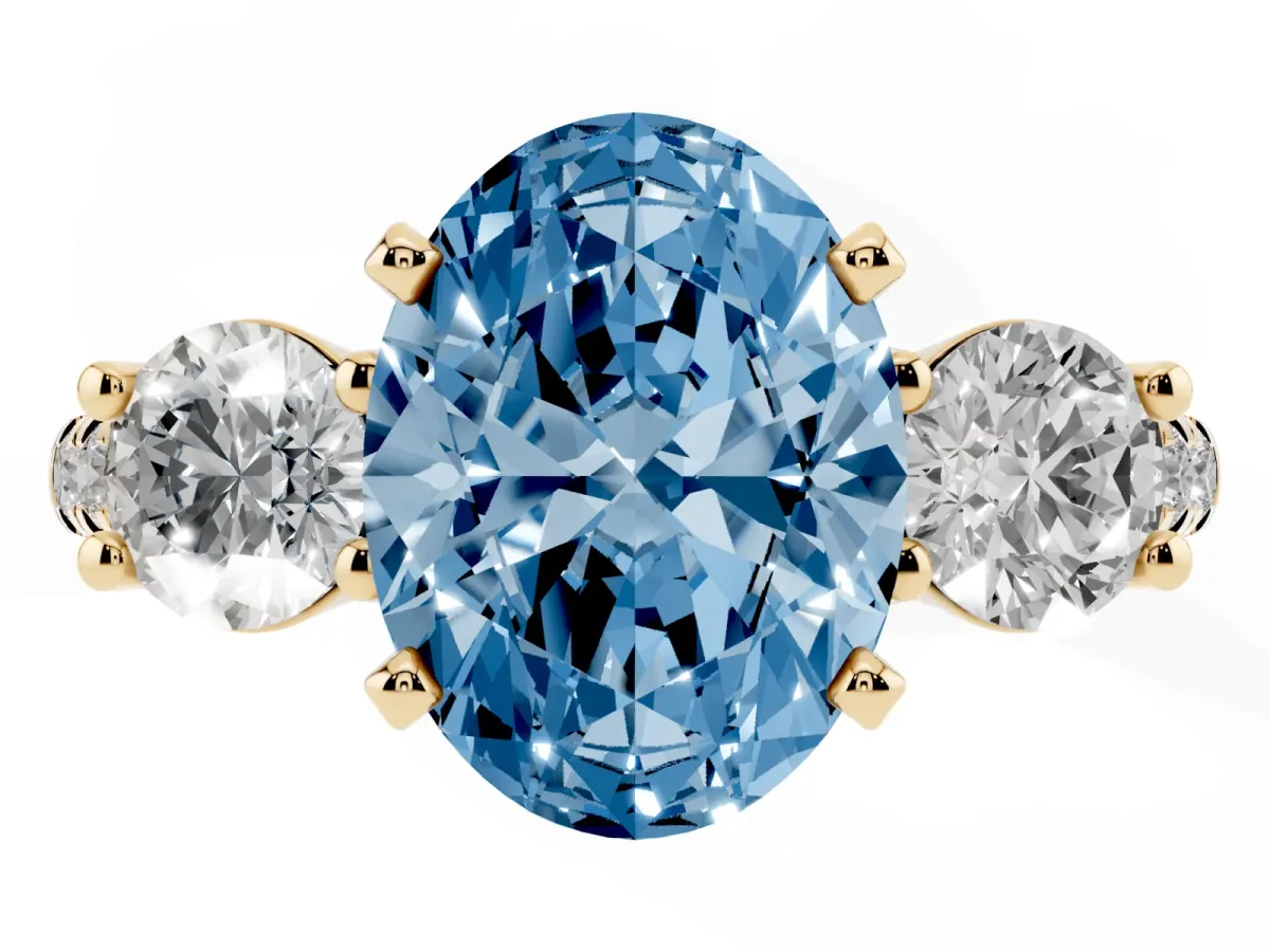 Fancy Blue Three-Stone Oval Cut Diamond Pavé Band with Four-Prong Setting Yellow gold