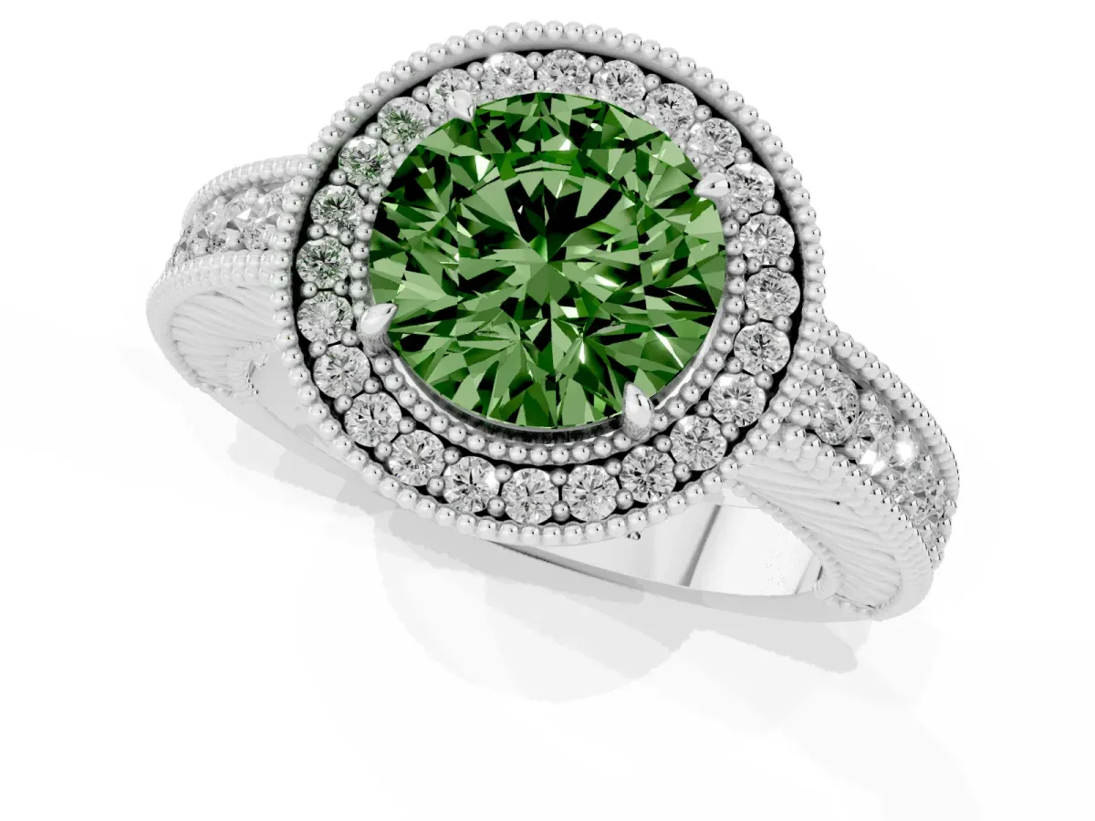 Fancy Green Round Cut Cut Halo Diamond Ring with Pavé Band and Four-Prong Setting Platinum