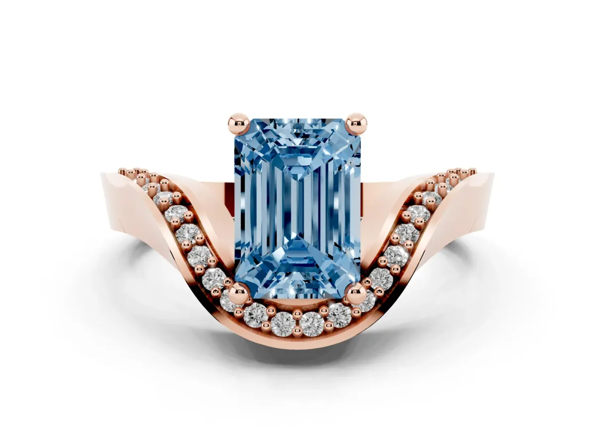 Fancy Blue Emerald Cut Solitaire Diamond Engagement Ring with Pave Band and Four-Prong Setting Rose gold