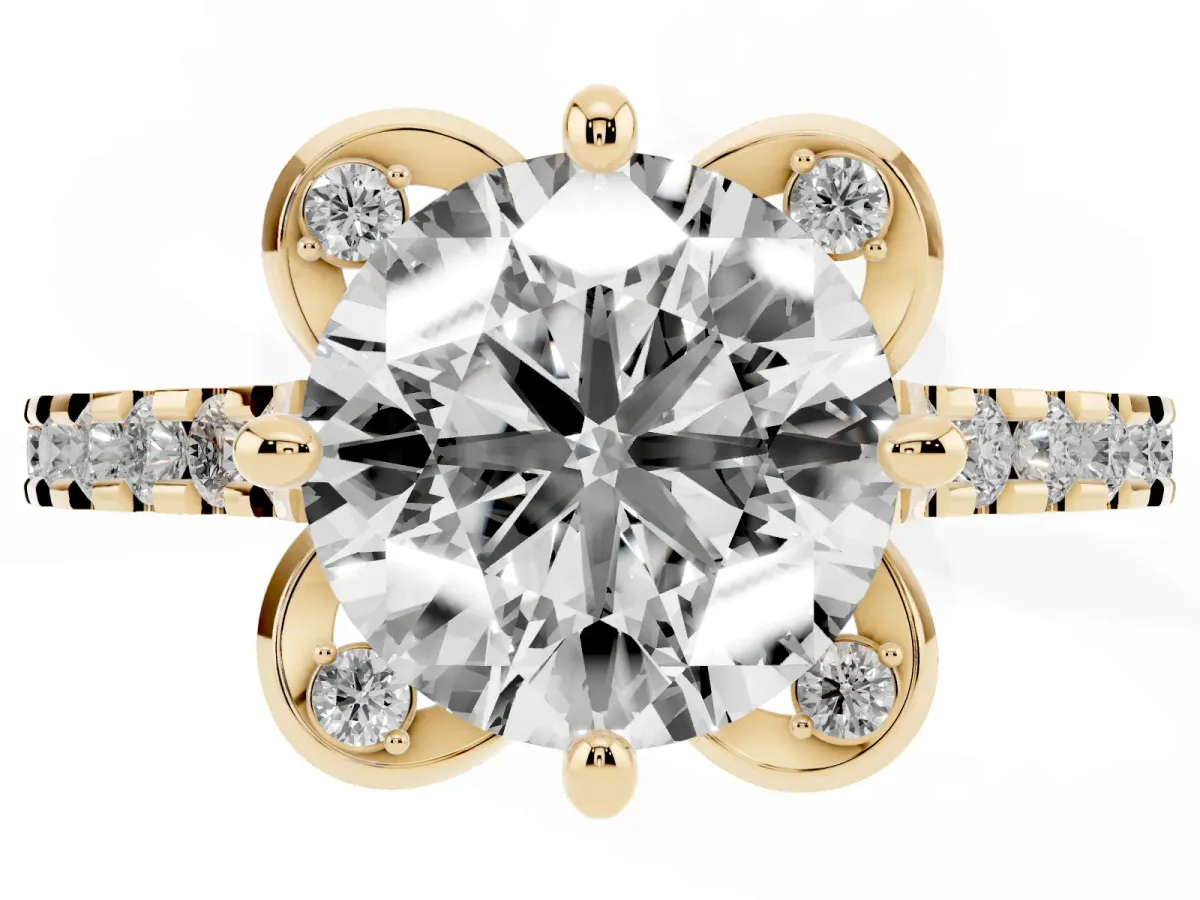 Round Cut Diamond Ring with Pavé Band and Floral Prong Setting Yellow gold