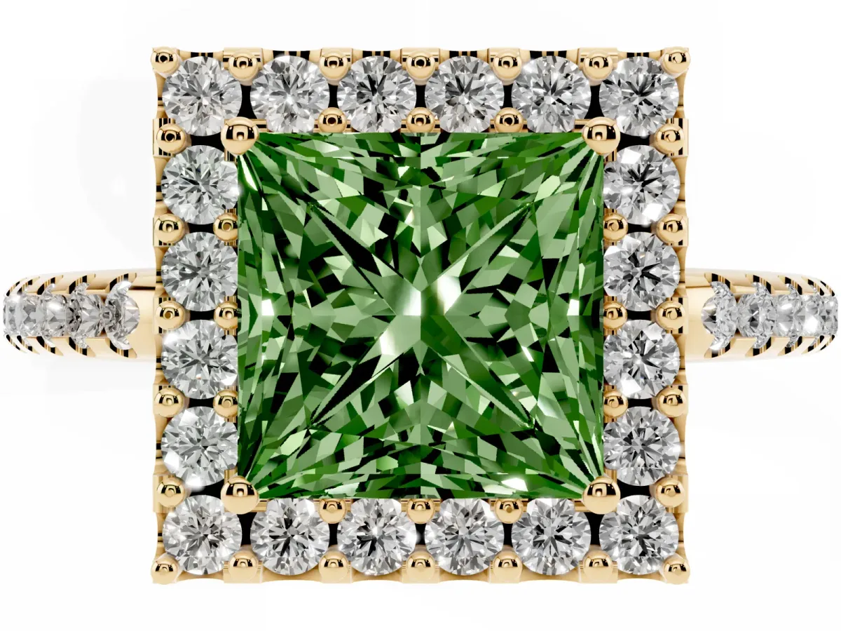Fancy Green Princess Cut Diamond Pavé Halo Ring with Four-Prong Setting Yellow gold