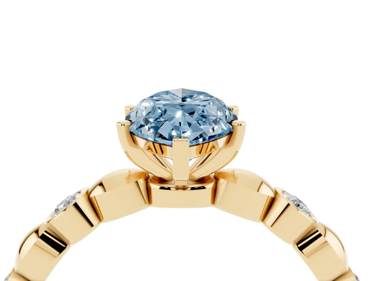 Fancy Blue Marquise Cut Solitaire Bezel-Set Diamond Ring with Beaded Band and Four-Prong Setting Yellow gold