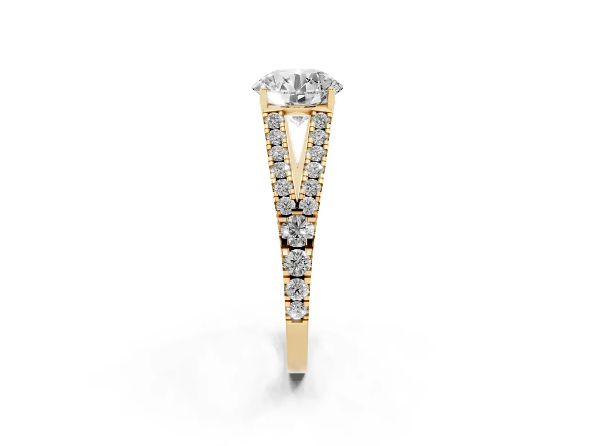 Round Cut Diamond Split Shank Engagement Ring with Round Pavé and Prong Setting Yellow gold