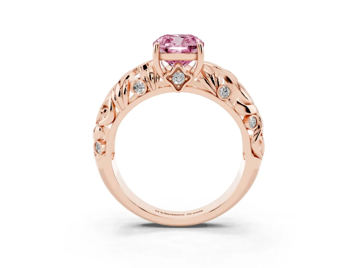 Fancy Pink Cushion Cut Solitaire Diamond Leaf-Inspired Vine Band Ring with Prong Setting Rose gold