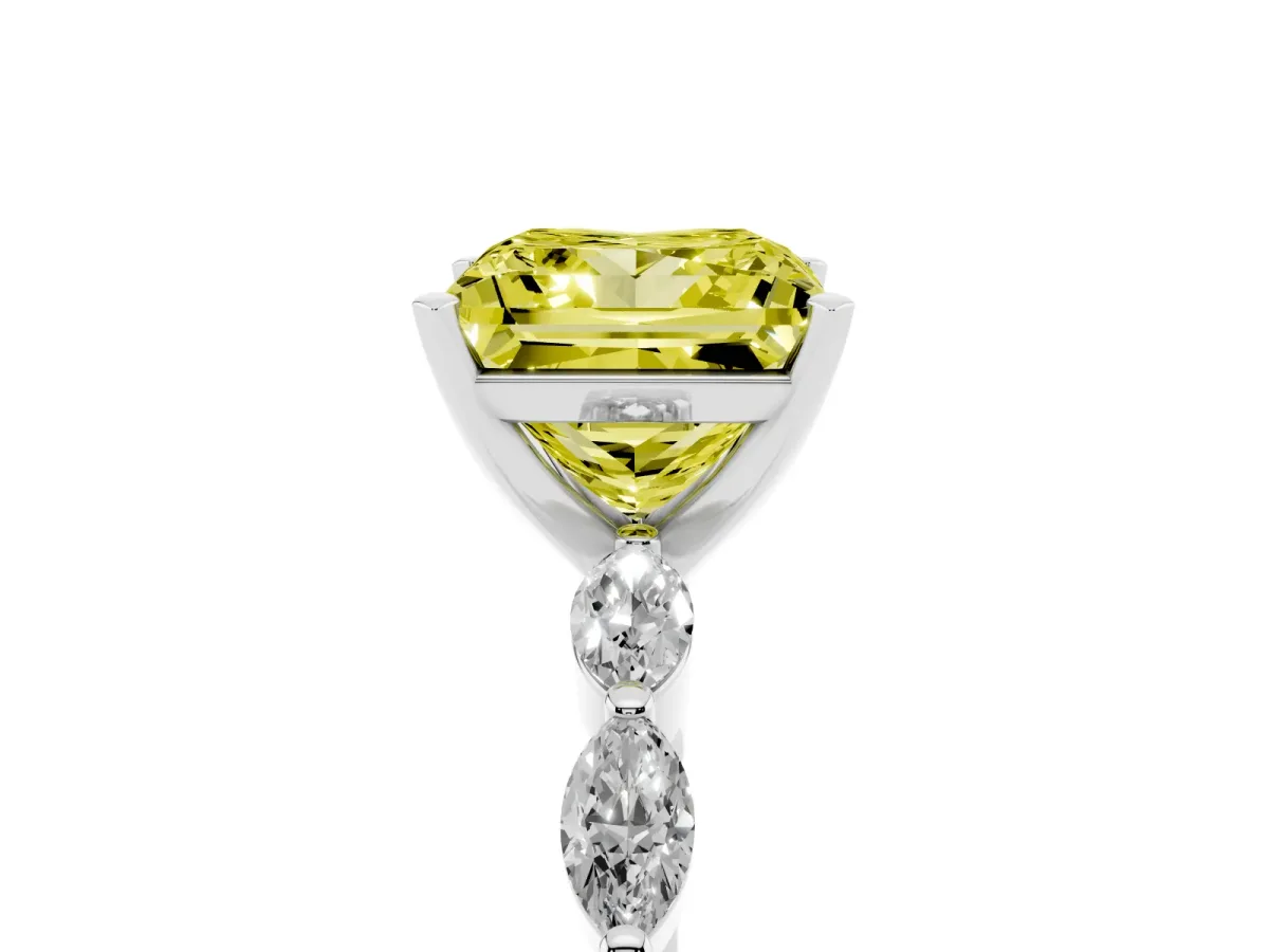 Fancy Yellow Princess Cut Diamond Ring with Marquise Side Stones and Prong Setting Platinum