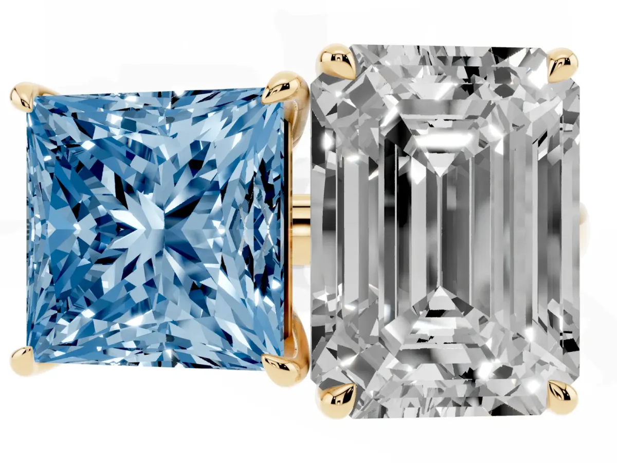 Fancy Blue Princess Cut and Emerald Cut Toi Moi Ring with Prong Setting Yellow gold