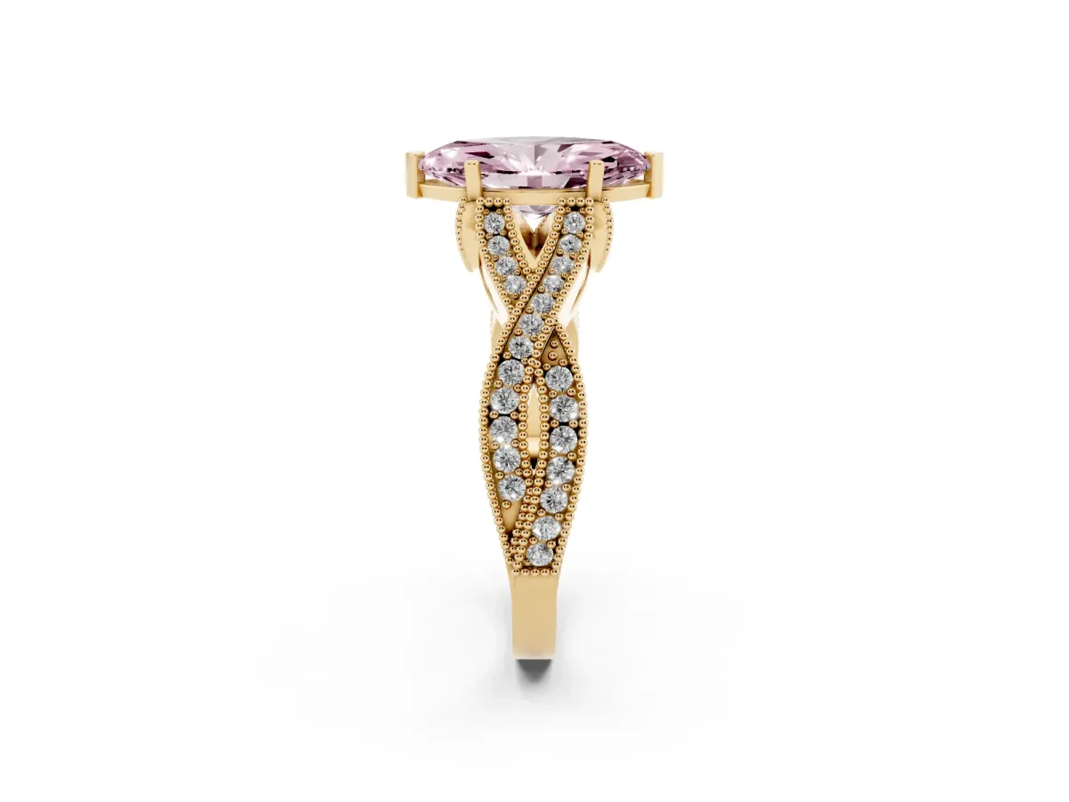 Fancy Pink Marquise Cut Cut Diamond Twisted Band with Milgrain Pave Setting and Four-Prong Setting Yellow gold