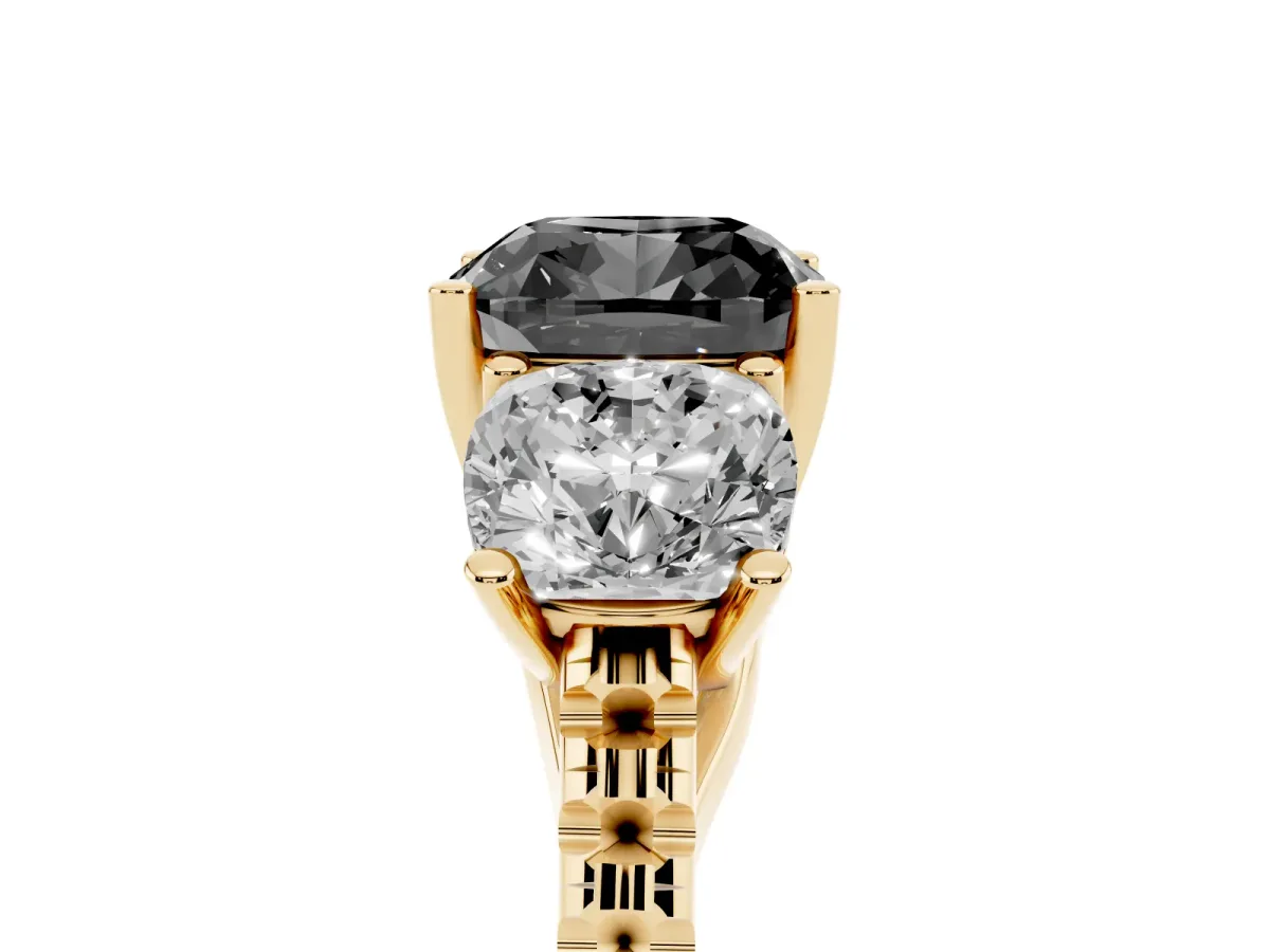 Fancy Black Three-Stone Cushion Cut Diamond Ring with Round Pavé Band and Prong Setting Yellow gold