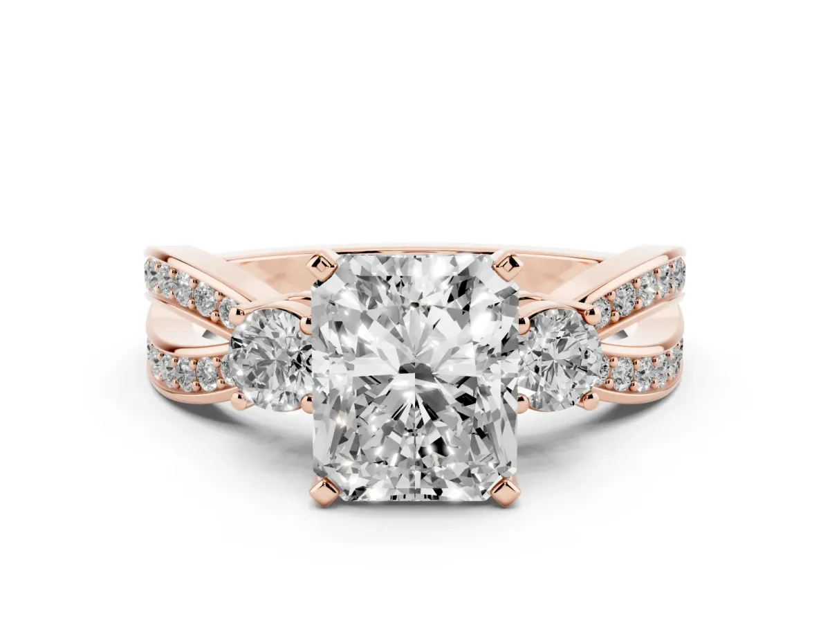 Three-Stone Radiant Cut Cut Diamond Twist Band with Prong Setting Rose gold