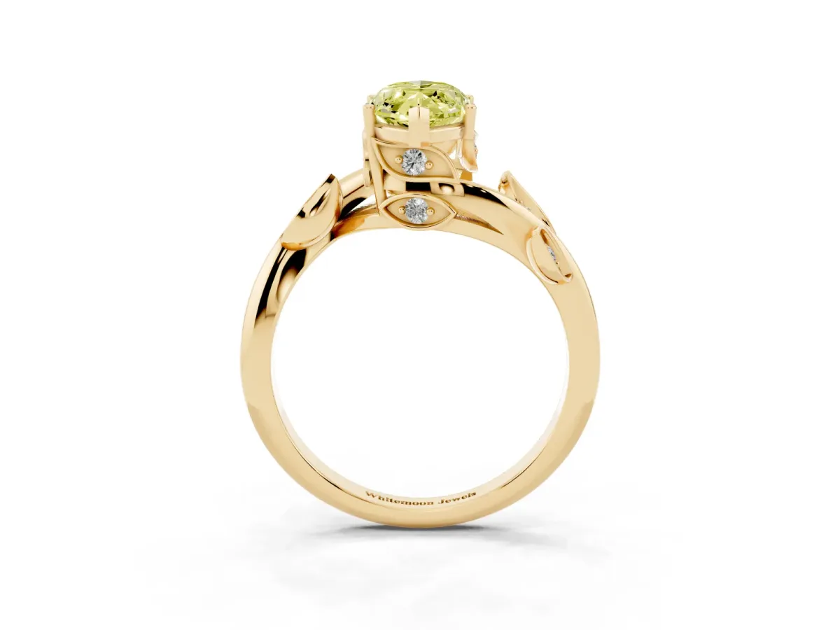 Fancy Yellow Marquise Cut Solitaire Twist Engagement Ring with Leaf Accents and Prong Setting Yellow gold