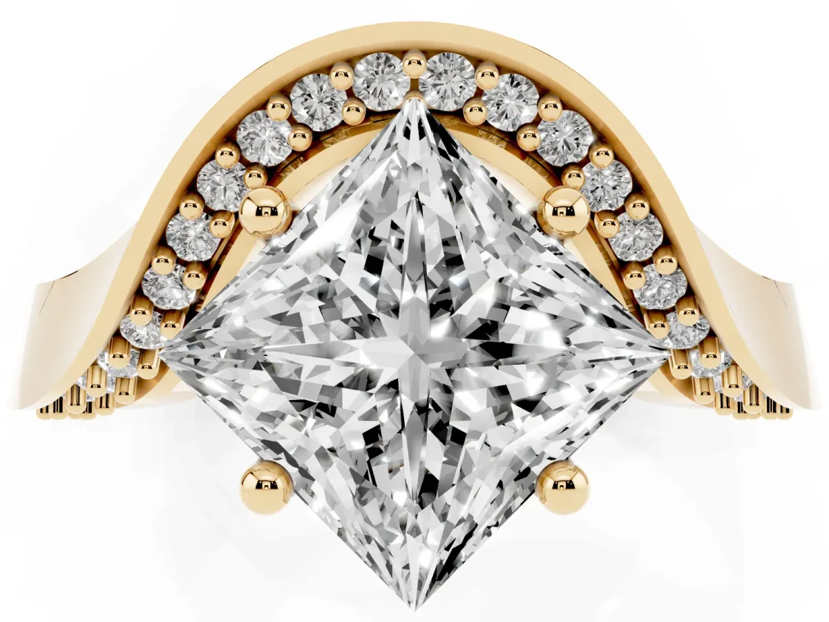 Princess Cut Solitaire Diamond Engagement Ring with Pave Band and Four-Prong Setting Yellow gold