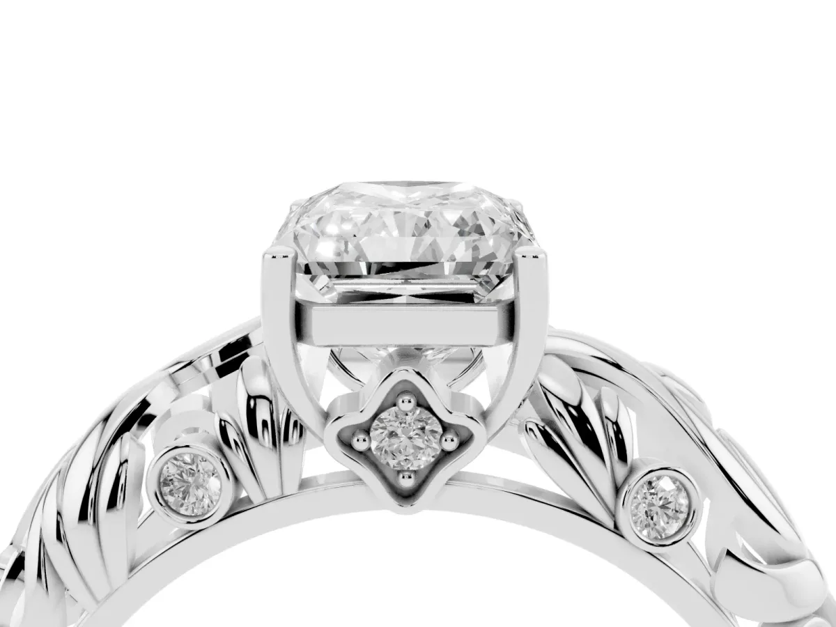Radiant Cut Solitaire Diamond Leaf-Inspired Vine Band Ring with Prong Setting Silver