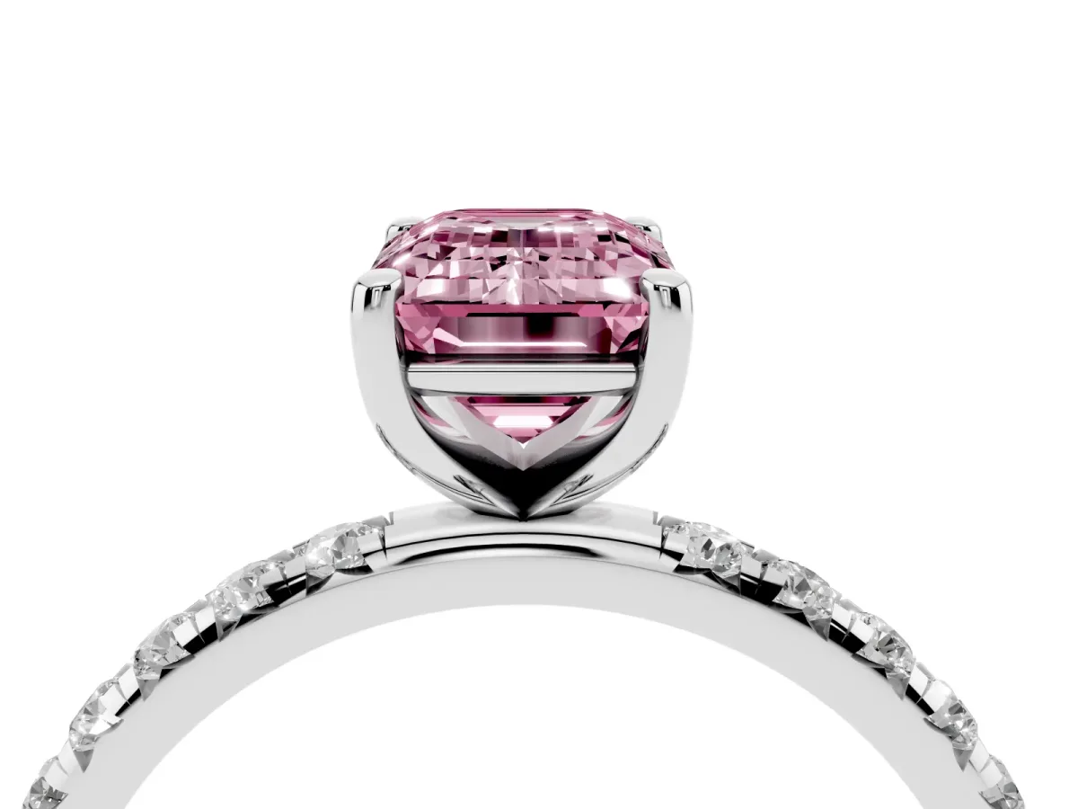 Fancy Pink Emerald Cut Cut Diamond Solitaire Ring with Micro Pave Band and Four Prong Setting Silver