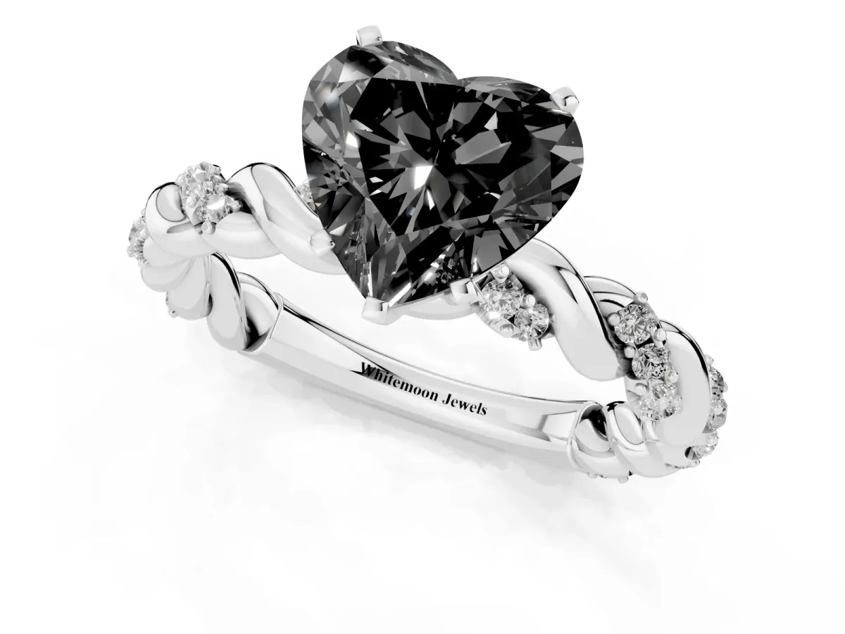 Fancy Black Heart Cut Diamond Solitaire Ring with Twisted Band and Pavé Accents Silver
