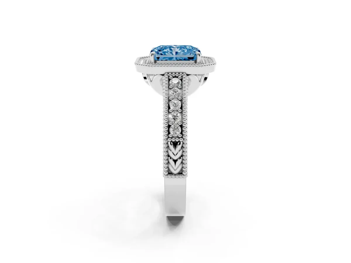 Fancy Blue Radiant Cut Cut Halo Diamond Ring with Pavé Band and Four-Prong Setting Platinum