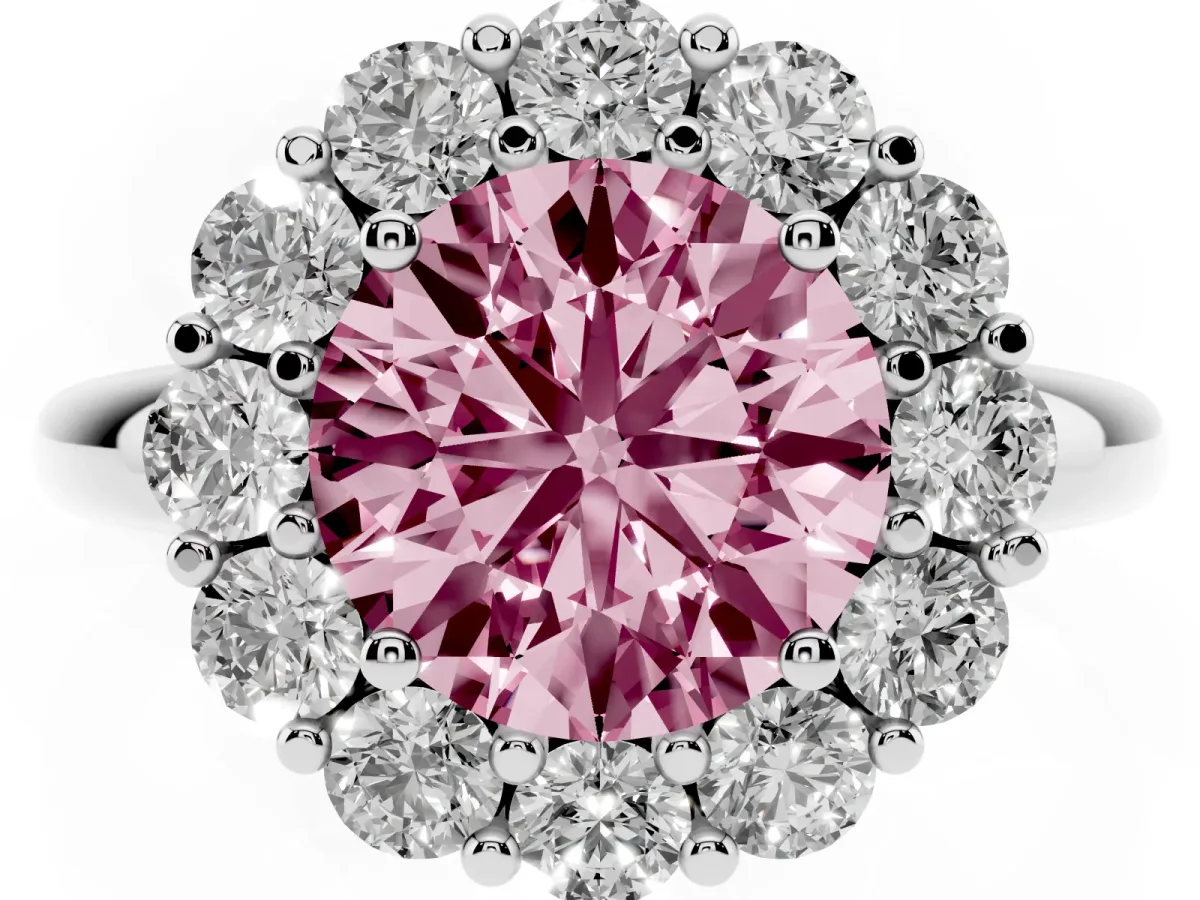 Fancy Pink Round Cut Halo Cluster Diamond Engagement Ring with Prong Setting and Polished Band White gold