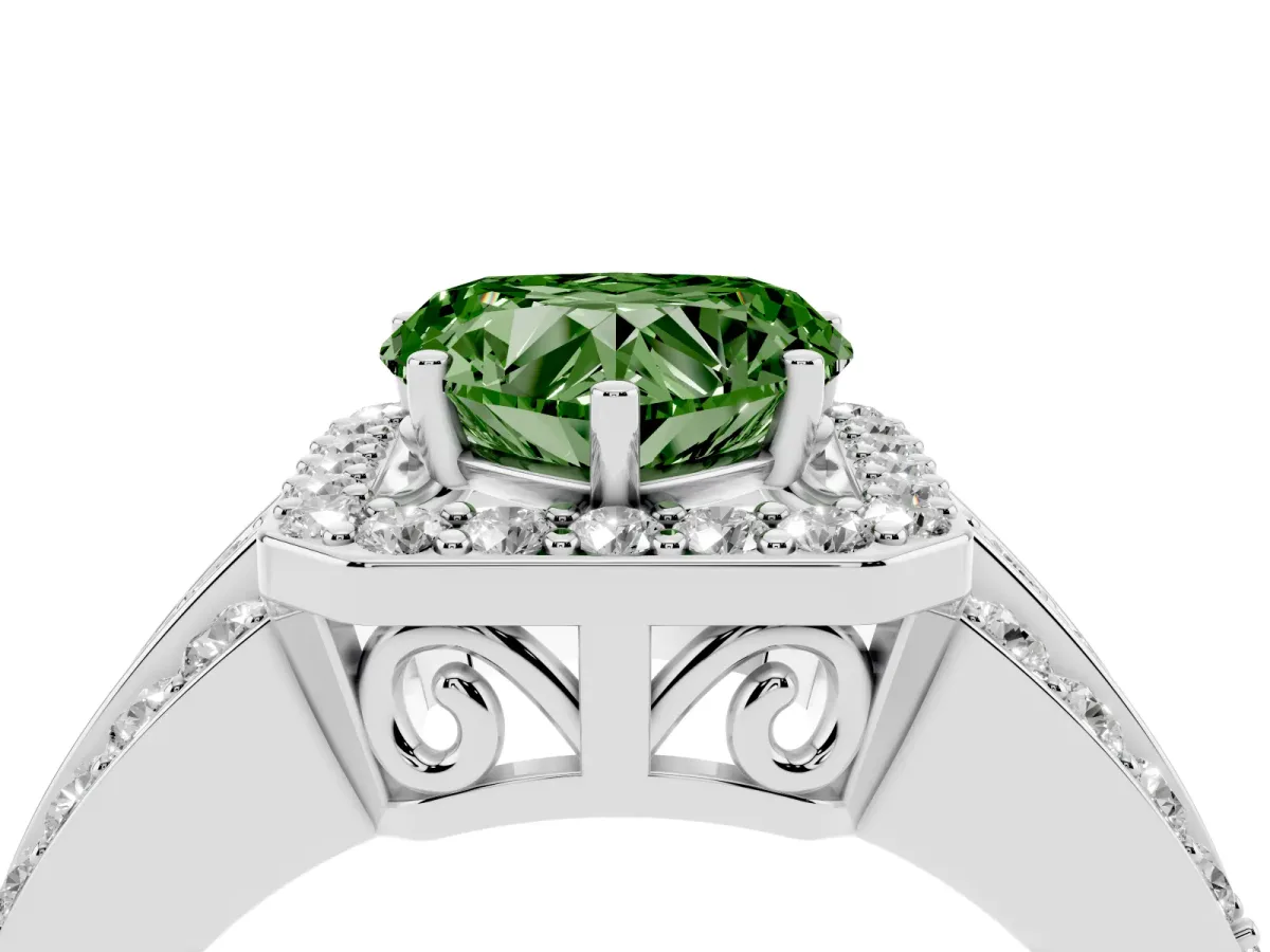 Fancy Green Heart Cut Halo Diamond Ring with Round Split Shank and Prong Setting Silver