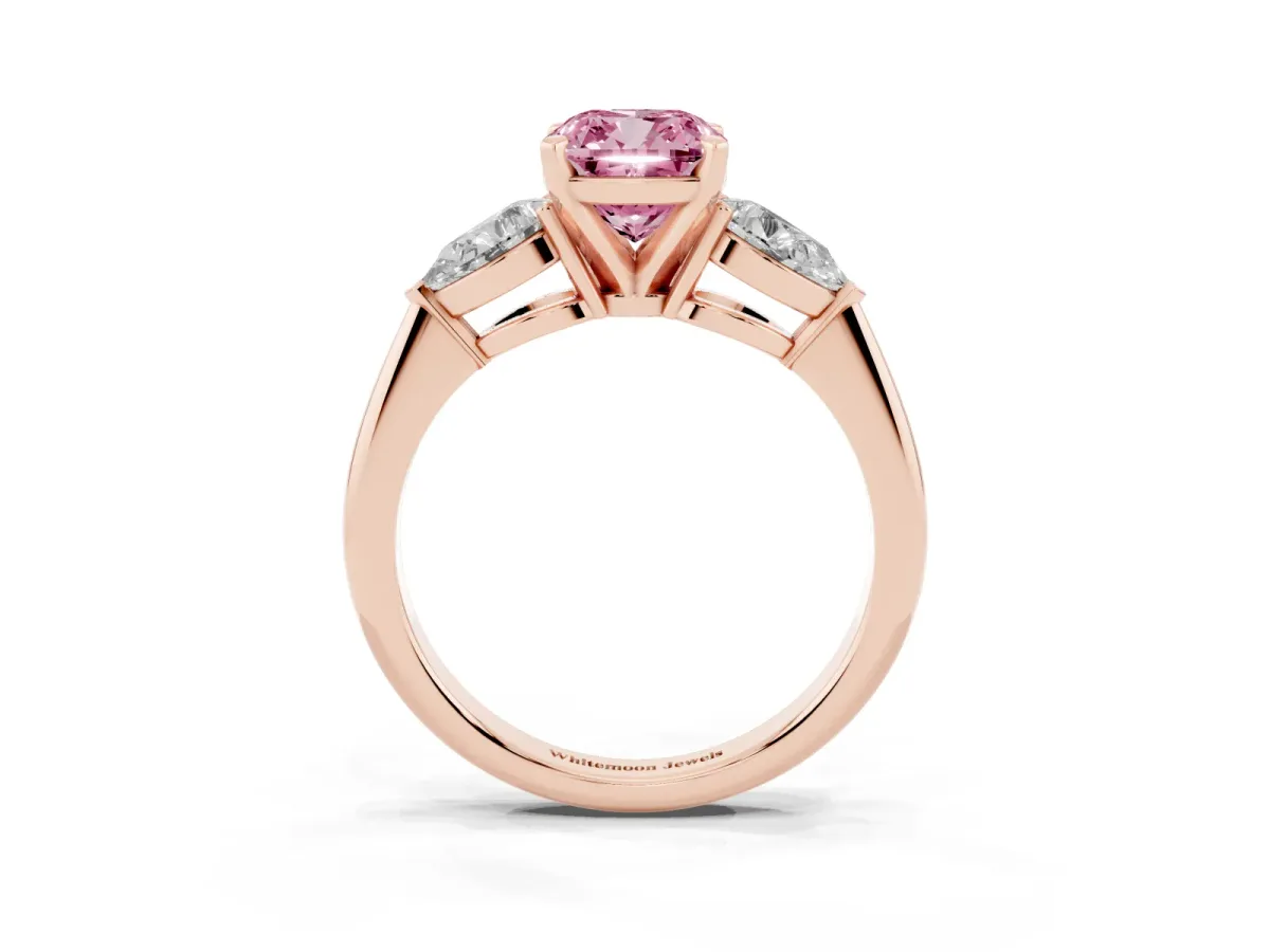 Fancy Pink Three-Stone Cushion Cut Diamond Ring with Pear Side Stones and Four-Prong Setting Rose gold