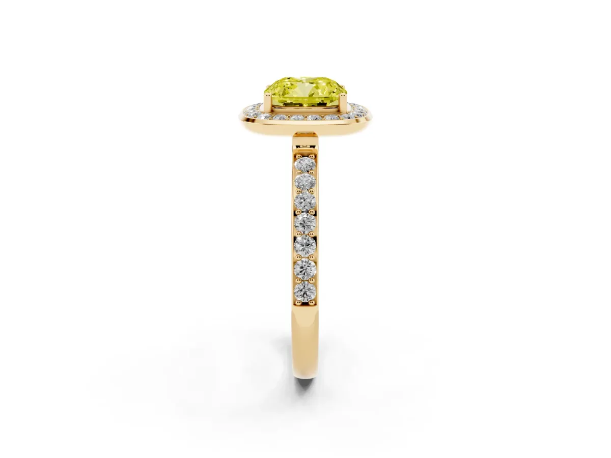 Fancy Yellow Cushion Cut Diamond Halo Ring with Bezel Frame and Pavé Band Yellow gold